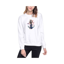 Watercolor Anchors And Birds Çapa Baskılı Beyaz Kadın Sweatshirt
