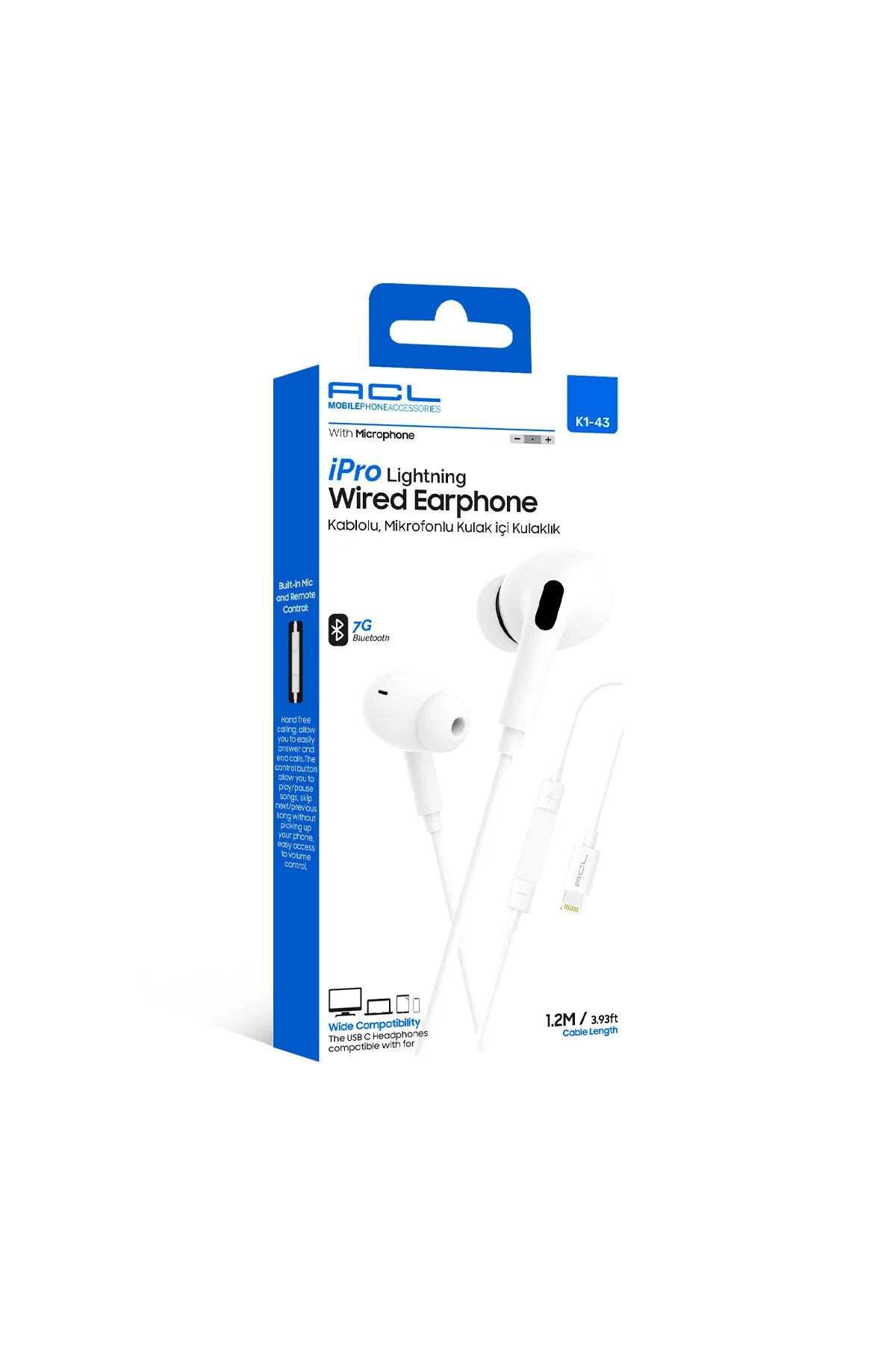 K1-43 İpro Lightning Girişli Mikrofonlu Kablolu Kulak İçi Kulaklık Bluetooth Destekli Ve Kumandalı