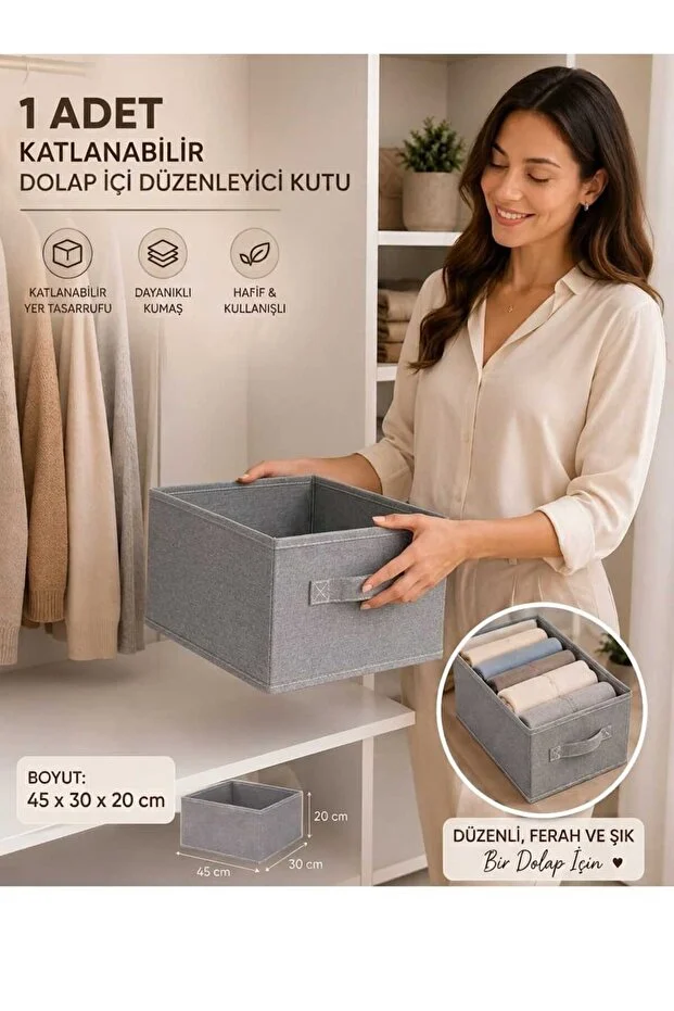 Lüks 1 Adet Katlanabilir Dolap İçi Düzenleyici Kutu 45x30x20 Cm Kıyafet Ve Giysi Organizer Saklama Kutusu Açık gri