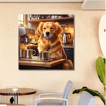 Kare Kanvas Kahve Köşesi Cafe Tablosu Barista Golden Retriever, 70 X 70 -