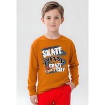 Fyk Kids Erkek Çocuk Crazy Yazı Baskılı Yuvarlak Yaka Sweatshirt Turuncu