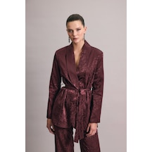 Sateen Yılan Desenli Uzun Ceket - Bordo-136439 Bordo