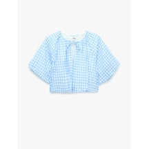 Koton Pamuklu Bağcıklı Yuvarlak Yaka Kısa Kollu Pötikareli Balon Crop Bluz Mavi Ekose 6sak60290ew