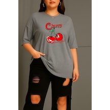Büyük Beden Cherry Kiraz Baskılı Unisex Tişört Gri
