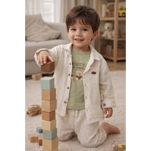 Babyhola Erkek Bebek Bayramlık Takım Ayıcık Desenli Müslin Kumaş Üçlü Set 2203 Yeşil