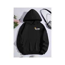 Kadın Oversize Kapüşonlu Kanguru Cepli Baskılı 3 İplik Pamuklu Sweatshirt Hoodie - Siyah