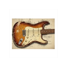 Vintage Elektro Gitar Çizimi Desenli Mdf Tablo