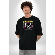 Panik Yok Teddy Pamuklu Bisiklet Yaka Unisex Oversize Boyfriend Dijital Baskılı Siyah T-shirt Siyah