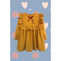 Fırfırlı Hardal Krep Kız Çocuk Bebek Elbise 001