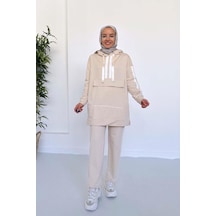 Kanguru Cep Şerit Detay İki İplik Takım - Bej