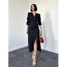 Siyah Yırtmaçlı Jakar Elbise Siyah