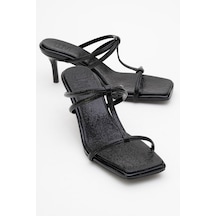 Luvishoes Luvi Shoes Mocha Siyah Desenli Kare Burunlu İnce Bantlı Kadın Topuklu Terlik Siyah