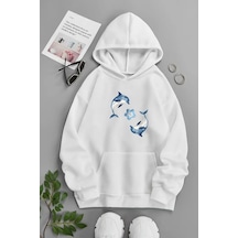 Unisex Beyaz Kapüşonlu Sweatshirt 2li Yunus ,baskılı Şardonlu Kalın Kumaş Beyaz