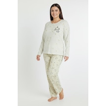 Bravie Üstü Yatay Çizgili Altı Desenli Elite Viscose Uzun Büyük Beden Pijama Takımı Beyaz 3590 Beyaz