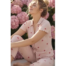Siyah İnci Yakalı Düğmeli Fitilli Kaşkorse Örme Pijama Takım 26120501 Somon