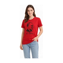 Alfanora Kadın Atatürk Baskılı Tişört Kısa Kollu Bisiklet Yaka T-shirt - Kırmızı