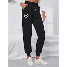 Heart Print Drawstring Waist 4 Mevsim Eşofman Siyah