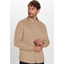 Tudors Erkek Regular Fit Klasik Kesim %100 Pamuk Saten Tek Cepli Krem Gömlek-32673 Krem