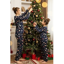 Siyah İnci Yılbaşı Desenli Pamuklu Bisiklet Yaka Örme Pijama Takım 25241140 Lacivert