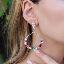 Renkli Zirkon Taşlı Damla Modeli Rose Gold Kaplama Gümüş Küpe Gümüş