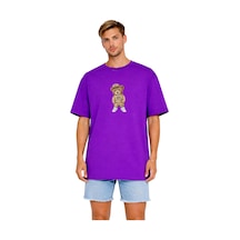 Unisex Oversize Mor Tişört Ayıcık Nyc Baskılı %100 Pamuk Streetwear Salaş T-shirt Kadın Erkek Mor