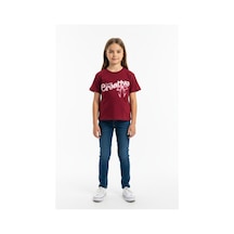 Toontoy Kids Toontoy Kız Çocuk Bisiklet Yaka Kısa Kollu Baskılı Tişört 25010 Bordo