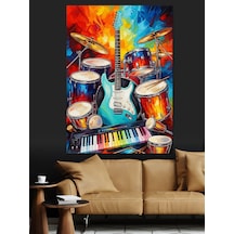 Ahşap Tablo Renkli Bateri Ve Gitar