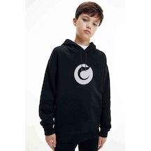 Tshirthane Minimalist Logobaskılı Unisex Çocuk Kapüşonlu Siyah Sweatshirt Siyah