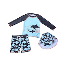 Petityu Upf50+ Güneş Korumalı Laci Uzun Kollu Köpekbalığı Desenli 3'lü Mayo Set Şapka T-shirt Şort Lacivert - Mavi