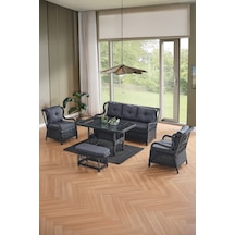Paris Rattan Puflu Bahçe Balkon Takımı 3+1+1 Cam Masalı Antrasit