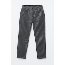Kadın Yüksek Bel Parlak Mum Kumaş Wide Leg Jean Pantolon Füme