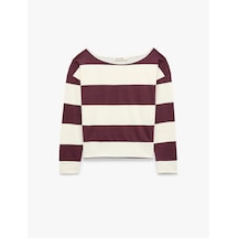 Koton Şardonlu Rahat Kalıp Kayık Yaka Omzu Açık Çizgili Sweatshirt Lila Çizgili 7wal10512ık