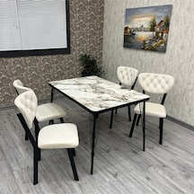 Akumarin Mutfak Yemek Masası Takımı- 4 Kişilik Mutfak Masa Sandalye Takımı- Mutfak Masası Takımı Siyah Beyaz Mermer Krem