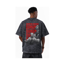 Jujutsu Kaisen Sukuna Anime Baskılı Unisex Oversize Eskitme Yıkam Siyah