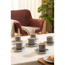 Porsima Sd-210-4 12 Parça Porselen Türk Kahve Fincan Takımı - 90ml Kahve Fincan Seti Beyaz - Siyah