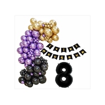 8 Yaş Siyah, Gold, Mor Balon+banner Seti