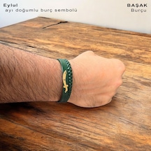 Başak Burçlarına 14 Ayar Altın Plakalı Kılıc Motifli Koyu Yeşil Derili Hediye Bileklik-385burç Başak