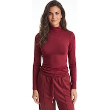 Onloox Kadın Bordo Bordo Viskon Dokuma Yarım Balıkçı Yaka Slim Fit Uzun Kollu Esnek Basic Bluz