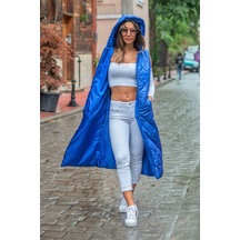 Kadın Saks Mavi Kapüşonlu Cepli Baklava Desen Uzun Şişme Yelek