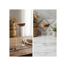 Doğal Akasya Ahşap Kapaklı Borosilikat Cam Kavanoz - 350 Ml Vakumlu Yuvarlak Baharatlık, Çay Ve Kahve Saklama Kabı 7009