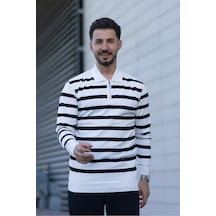 Hk Premium Kazak Fermuarlı Polo Yaka Çizgili Triko Sweatshirt Beyaz
