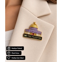 Free Palestine Yazılı Kubbe Figürlü Gold Renk Anlamlı Broş Aksesuarı Açık Gri