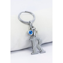 Gümüş Renkli Yıldızlı Nazar Boncuklu Metal R Harfi Anahtarlık / H