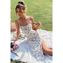 Efnaz Style Kadın Ip Askılı Yakadan Bağcıklı Desenli Süprem Elbise Bej