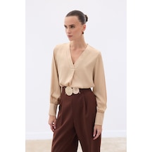 Sateen V Yaka Saten Bluz - Camel-130513 CAMEL