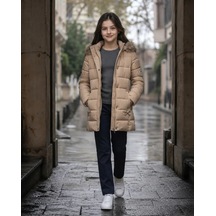 X-boss-x Kız Çocuk Bej Kapüşonlu Kışlık Mont Modeli