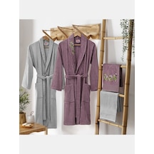 Taç Soft Bambu Aile Bornoz Seti Floret Mürdüm Gri Gri - Mürdüm