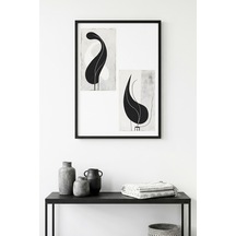Doğal Ahşap Çerçeveli Minimal Siyah-beyaz Desenli Tablo - Modern Huhu1225