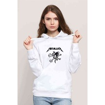 Metallica Skull Baskılı Beyaz Kadın Kapşonlu Sweatshirt