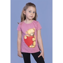Toontoy Kids Toontoy Kız Çocuk Kalpli Ayıcık Baskılı Taş İşlemeli Tişört Gülkurusu